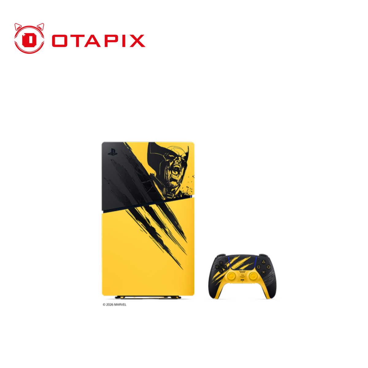 Vista frontal de la consola PS5 Digital Marvel's Wolverine y control DualSense edición limitada